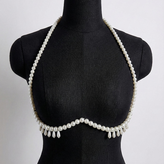 Pearl body jewelry chest bracket chain, pearl body chain cupless bra, elegant pearl harness jewelry pearl shelf bra for festival & burlesque