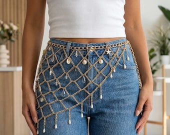 Layered Gold Chain Belt with Shell, Pearl, Star Charms, Boho Beach Waist Jewelry, Summer Body Chain Jewelry