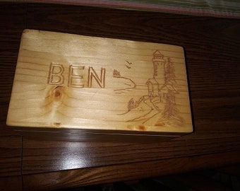 Hand Made Felt Lined Wooden Pine Box with Line Carved Lettering and Lighthouse Scene