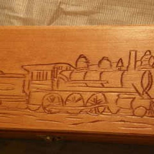 Hand Carved Wooden Box Train Scene image 2