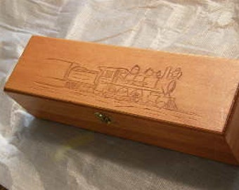 Hand Carved Wooden Box - Train Scene