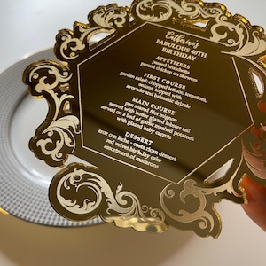 Menu acrylique miroir doré | Menu de mariage | Menu acrylique | Menu du dîner d'anniversaire | Menu du dîner d'anniversaire