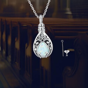Teardrop Urn Necklace 925 Sterling Silver Opal Cremation Jewelry for Women Keepsake Memorial Necklace for Ashes