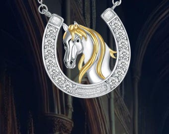 Collar con colgante de caballo en forma de herradura de plata de ley 925 Collar con colgante de caballo para mujer