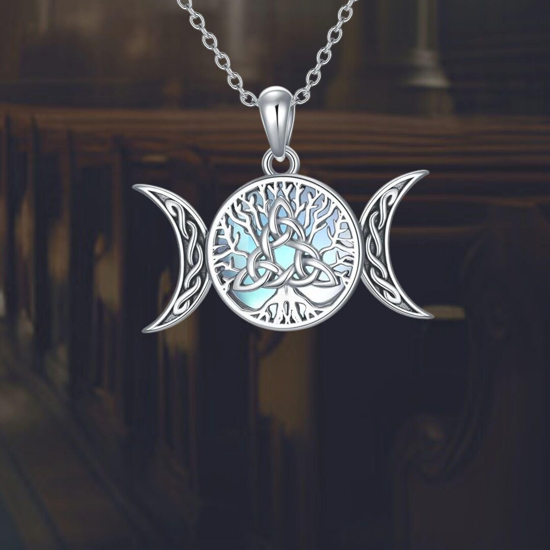 Tree of Life Triple Moon Goddess Necklace Moonstone 925 Sterling Silver ...