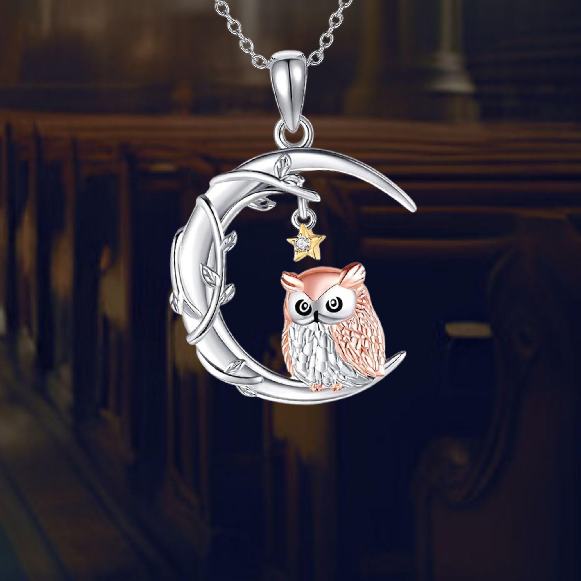 Owl on Moon 925 Sterling Silver Moon Necklace Cute Owl Pendant Necklace Jewelry for Women
