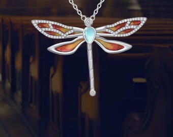 Collana con libellula in argento e pietra di luna, collana con libellula in argento sterling 925, gioielli da donna