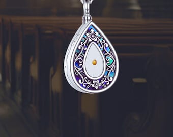 Mustard Seed Memorial Urn Teardrop Necklace for Ashes 925 Sterling Silver Abalone Shell Memorial Keepsake Pendant Jewelry