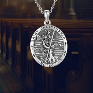 Saint Christopher Catholic Medal Necklace 925 Sterling Silver St Christopher Pendant Necklace Silver Jewelry for Men Women