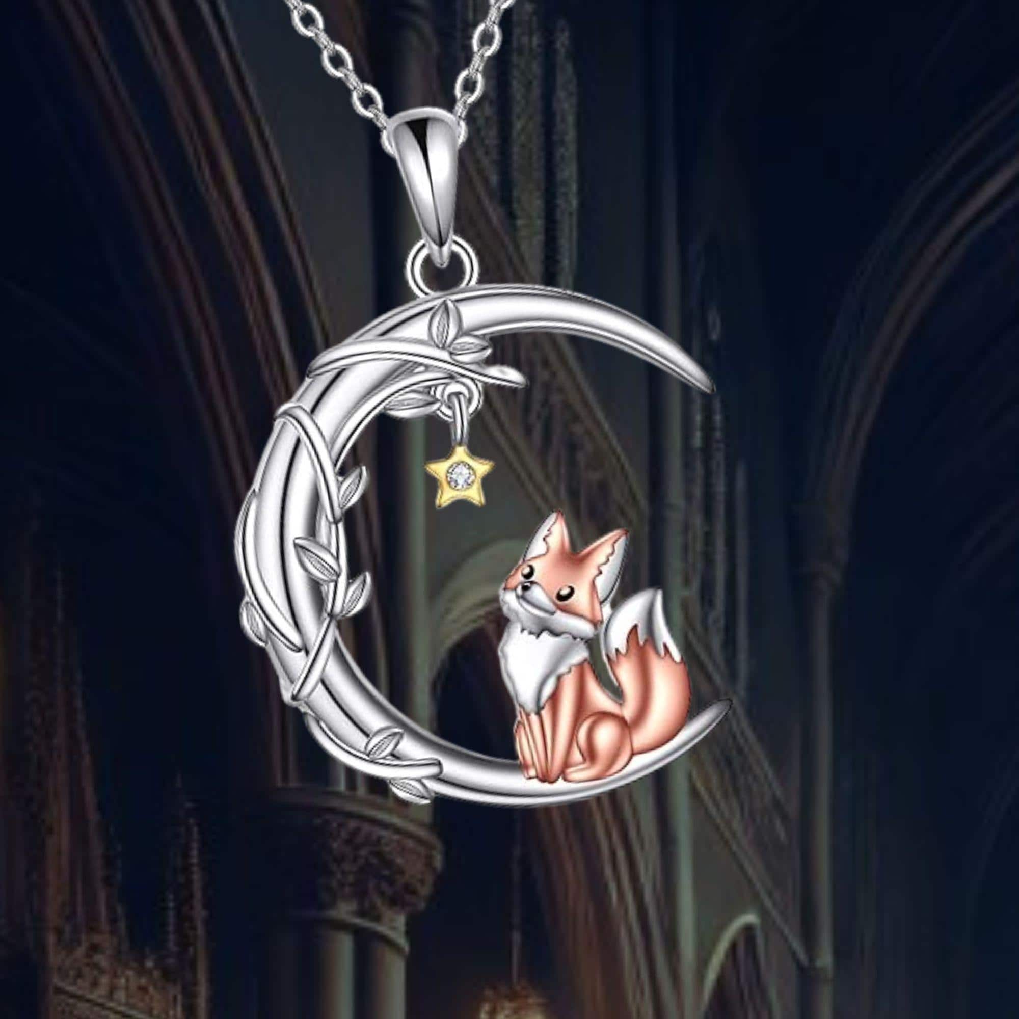 Fox Moon Necklace 925 Sterling Silver Moon Fox Pendant Necklace