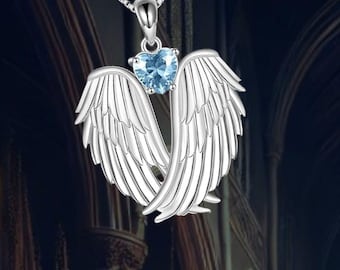 925 Sterling Silver Blue Guardian Angel Wings Pendant Necklace Birthstone Necklace for Her Women Girls Christmas Jewelry Gifts