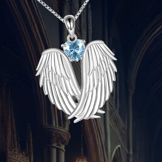 925 Sterling Silver Blue Guardian Angel Wings Pendant Necklace - Main Image