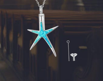 Sterling Silver Starfish Urn Necklace: Opal Ocean Keepsake Jewelry