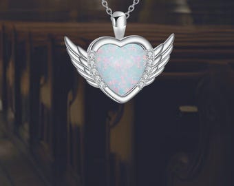 Angel Wings Heart Necklace For Women 925 Sterling Silver Opal Heart Pendant Jewelry for Women