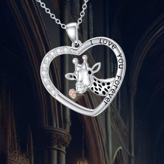 I Love You Forever Heart Giraffe Necklace 925 Sterling Silver