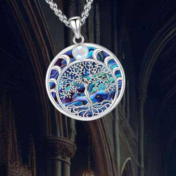 925 Sterling Silver Tree of Life Necklace with Moonstone Abalone Shell  Enchanting Triple Moon Goddess Necklace