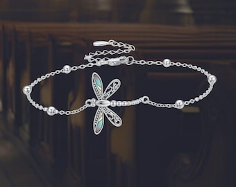 Bracciale con perline a forma di libellula in argento sterling 925. - Italia