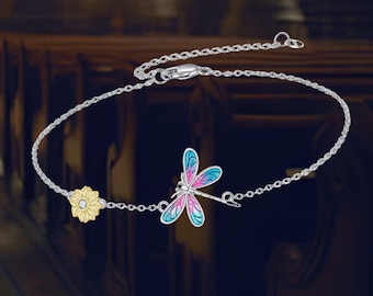 Pulsera de libélula para mujer, plata de ley 925, joyería de libélula y girasol