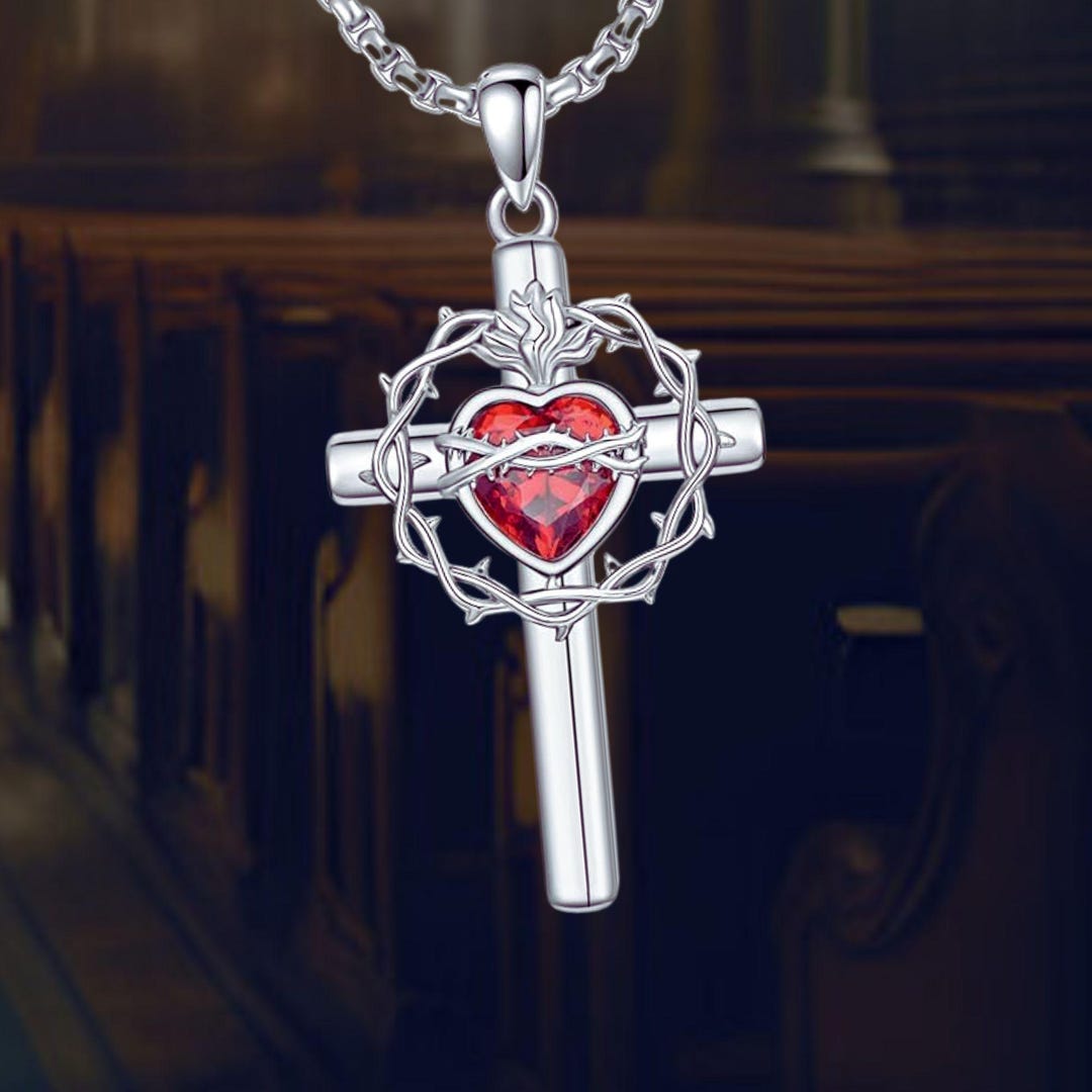 Cross Necklace 925 Sterling Silver Sacred Heart of Jesus Necklace Cross ...