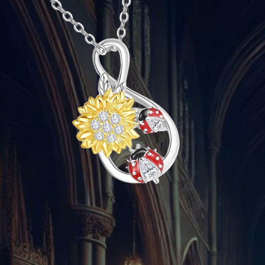 Boho Sunflower Ladybug Locket Pendant Necklace – Adjustable 18” – Silver/Gold – Alloy – Charm Jewelry Gift