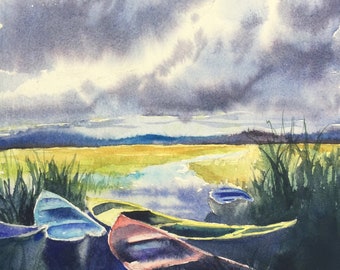 Colorful Canoes, canoe canoeing paddling fishing lake summer water boating northwoods solo canoe boat marsh wetland