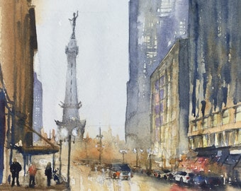 Soldiers and Sailors Monument, Indianapolis, Indiana, watercolor, painting, city, evening, rain, city street, town, night, nightlife