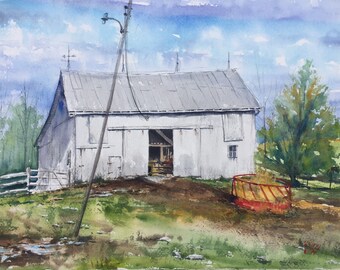 After the Rain barn farm red indiana rural farming ranch country watercolor Mike Yazel cows home homestead cattle rain pasture summer
