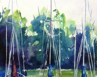 Waiting for Wind, boat, sailboat, summer, boating, water, lake, sailing, watercolor, painting, ocean, lakeshore, fishing, fish, wind