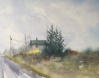 Early Snow winter yellow watercolor water color midwest landscape house rural farm country green road sky snow snowstorm weather gray quiet