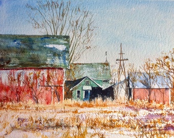 Last Light, farm barn farming agricutlture indiana watercolor mike yazel rural country home green ranch red barn winter sunshine
