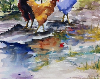 Three Chickens, chicken farm country rural homestead home farm art midwest Deep South eggs farm life colorful rain heartland