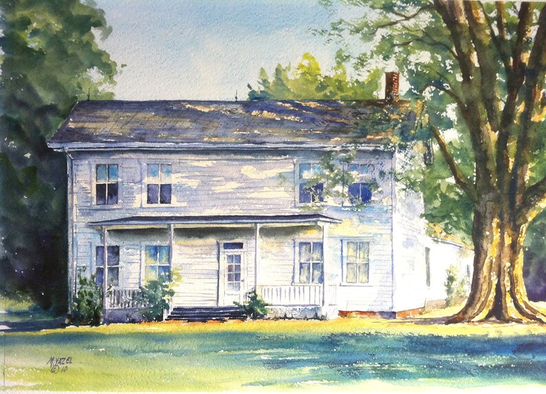 Evening Light, watercolor, painting, house, summer, flowers, home, white, green, blue, small town, memories, past, country Bild 1