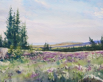 Rocky Mountain Meadow Watercolor Landscape art outdoors national park hiking american west naturalist purple fine art print colorado montana