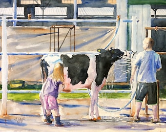 Fair Time, county fair, fair, summer, cows, 4H, children, watercolor, painting, childhood, cow, livestock, memories,