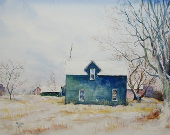 Winter at Wetzels, Winter, farm, family farm, green, home, homestead, country, rural, snow, watercolor, painting,