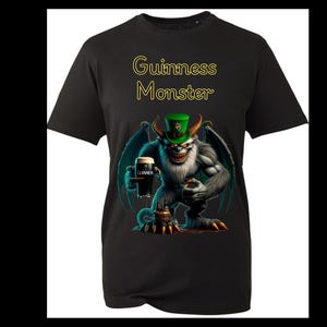 May include: Black t-shirt with a graphic of a green monster holding a glass of Guinness beer. The text "Guinness Monster" is printed in yellow on the shirt.
