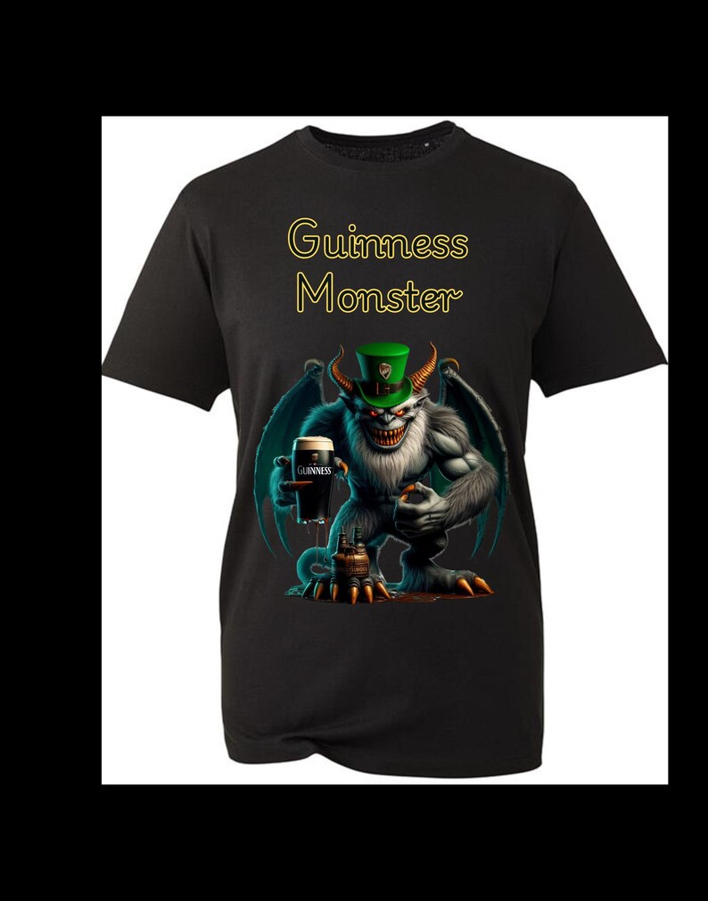 May include: Black t-shirt with a graphic of a green monster holding a glass of Guinness beer. The text "Guinness Monster" is printed in yellow on the shirt.