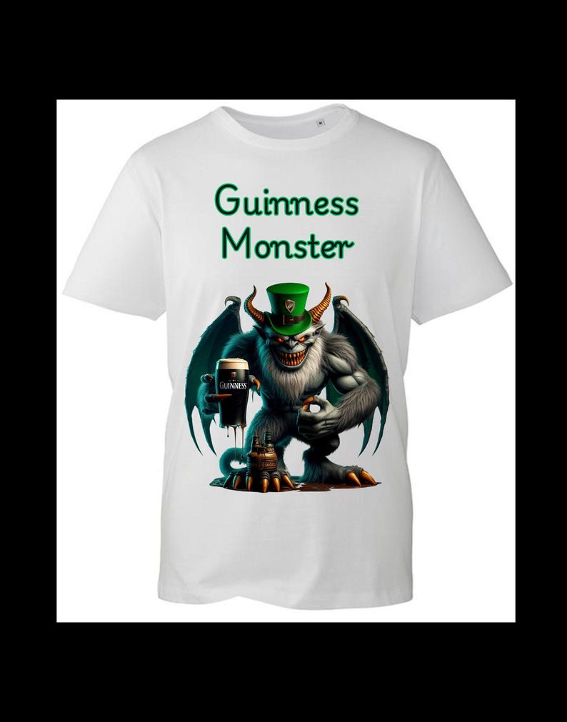 May include: White t-shirt with a green, black, and white monster holding a pint of Guinness. The text "Guinness Monster" is printed on the shirt.