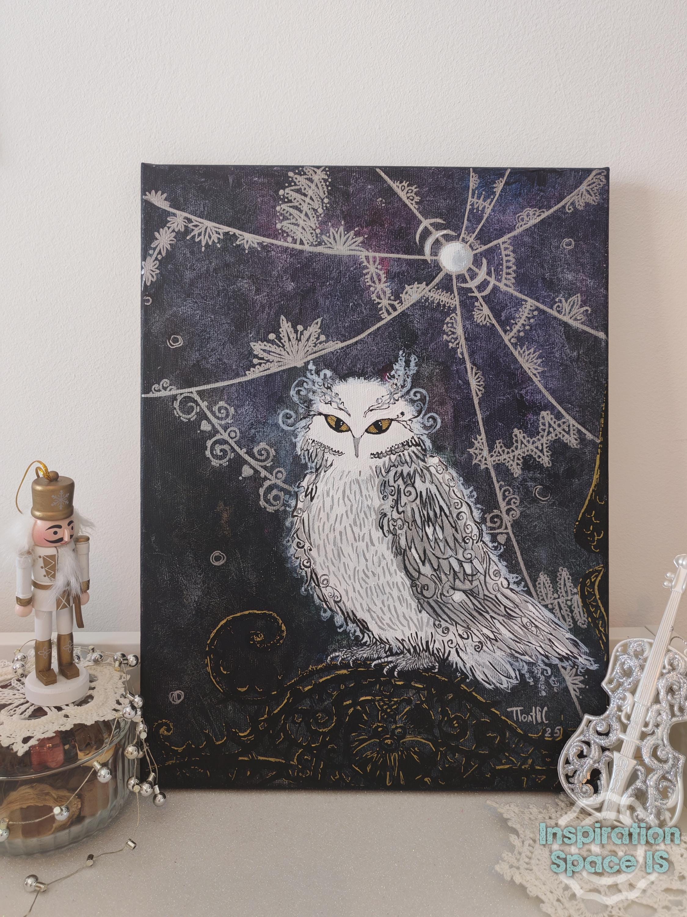 Lace Owl Acrylic Painting: Whimsical Night Bird Art
