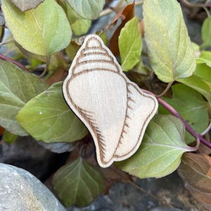 Peut inclure: Une décoration en bois en forme de coquillage avec une finition en bois naturel. Le coquillage est sculpté avec des détails complexes et a une surface légèrement texturée.