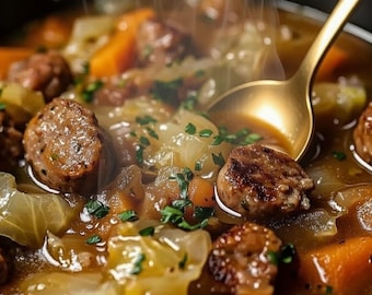 Irish Sausage & Cabbage Stew Recipe – Cozy, Hearty Comforting Traditional Dish (Instant Download PDF