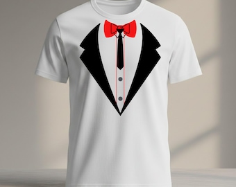 Modern tuxedo ensemble for boy with rose and red T-shirt – chic and trendy look for evenings, parties and new celebrations.
