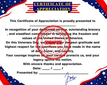 Veterans Day Certificate Appreciation Printable Recognition Award Military Service Appreciation Gift Thank You Veteran Certificate Editable