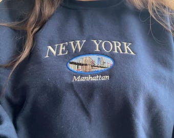 New York Manhattan Vintage Style Embroidered Crewneck Sweatshirt, Retro State Embroidery