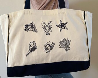 Nautical Embroidery Tote Bag - Beach Bag