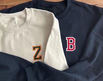 Custom Letter Initial Embroidered Sweatshirt, Personalized Block Monogram Crewneck, Cotton Blend Unisex Gift