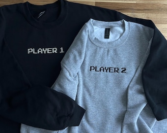 Player 2 Embroidered Gamer Sweatshirt, Retro Video Game Crewneck, Couples Gift