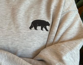 Bear Embroidered Crewneck Sweatshirt, Animal Embroidery, Wildlife Embroidery