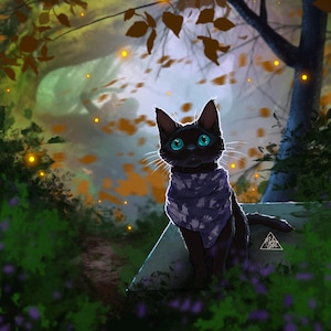 black cat, autumn, forest, nature, digital art, beautiful, pretty, cat, landscape