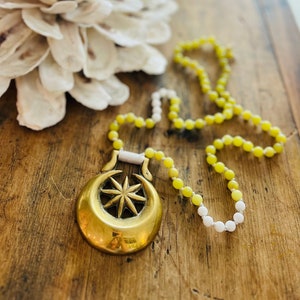 Antique English Brass Horse Medallion Necklace- Star & Crescent Moon